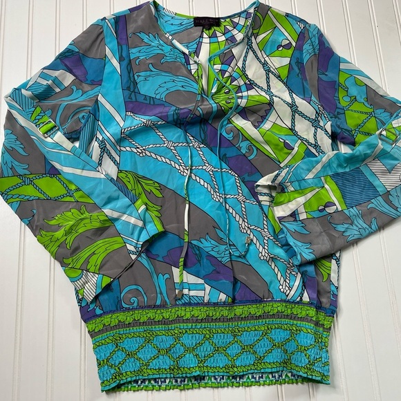 Hale Bob Medium 100% Silk Blue Green Printed  Tunic Blouse Top Smocked Waist.234 - Picture 1 of 3